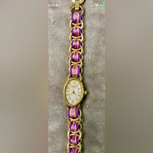 Anne Klein Gold-Tone Oval Watch with Purple Ribbon Chain